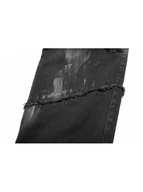 Worn-Out Denim Splice Mesh Raw Edge Metal Ring Decoration Black Punk Trousers