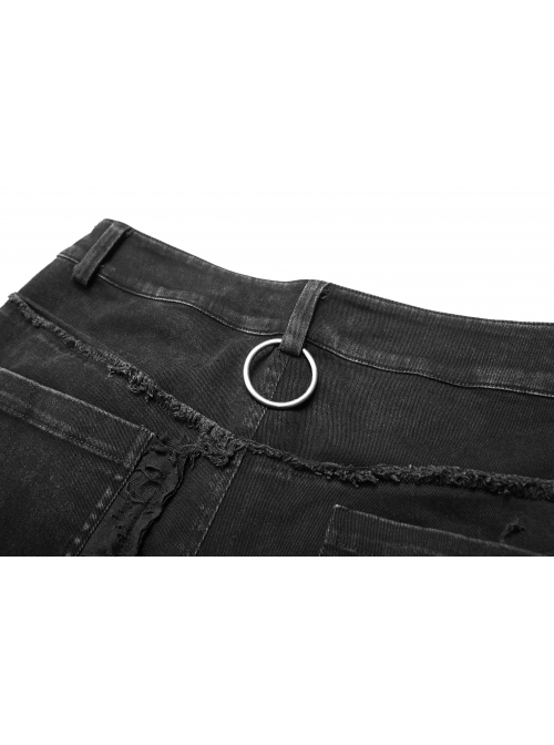 Worn-Out Denim Splice Mesh Raw Edge Metal Ring Decoration Black Punk Trousers