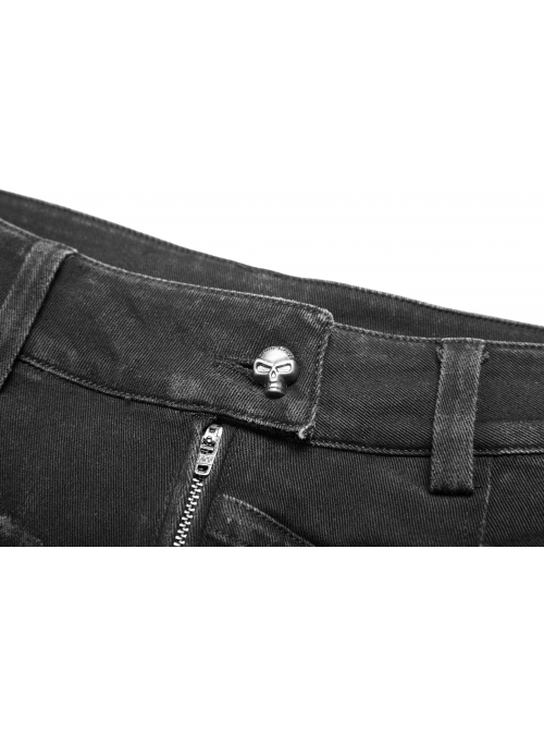 Worn-Out Denim Splice Mesh Raw Edge Metal Ring Decoration Black Punk Trousers