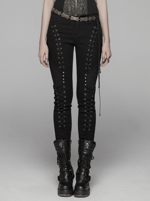 Black Lace-Up Rivet Skull Buckle Punk Tight Pants