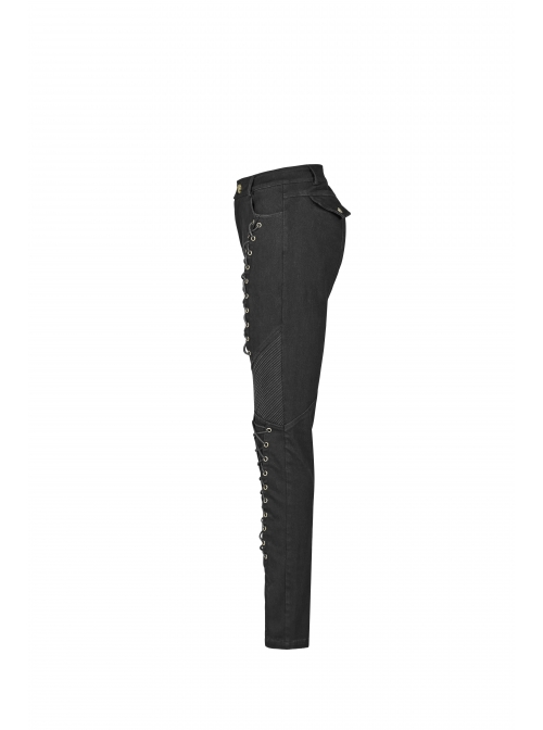 Black Lace-Up Rivet Skull Buckle Punk Tight Pants