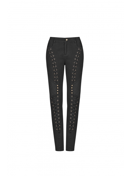 Black Lace-Up Rivet Skull Buckle Punk Tight Pants