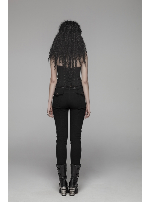 Black Lace-Up Rivet Skull Buckle Punk Tight Pants