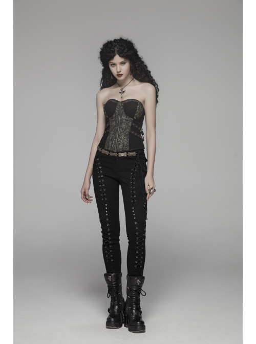 Black Lace-Up Rivet Skull Buckle Punk Tight Pants