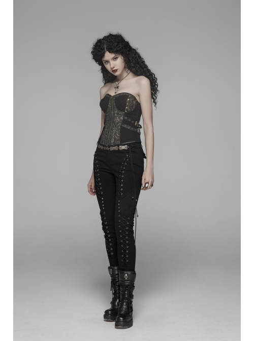 Black Lace-Up Rivet Skull Buckle Punk Tight Pants