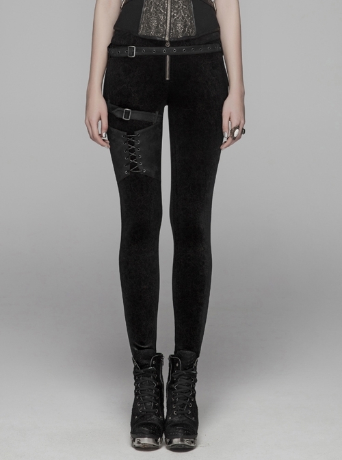 Dark Flower Velvet Lace-Up Metal Buckle Leg Loop Waist Belt Black Punk Leggings