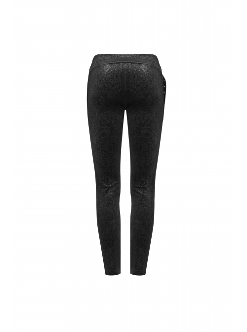 Dark Flower Velvet Lace-Up Metal Buckle Leg Loop Waist Belt Black Punk Leggings