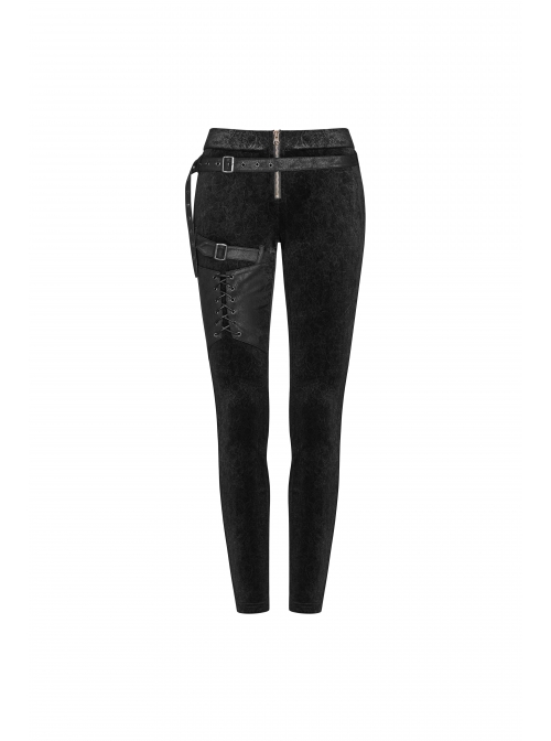 Dark Flower Velvet Lace-Up Metal Buckle Leg Loop Waist Belt Black Punk Leggings