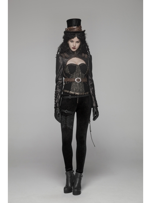 Dark Flower Velvet Lace-Up Metal Buckle Leg Loop Waist Belt Black Punk Leggings