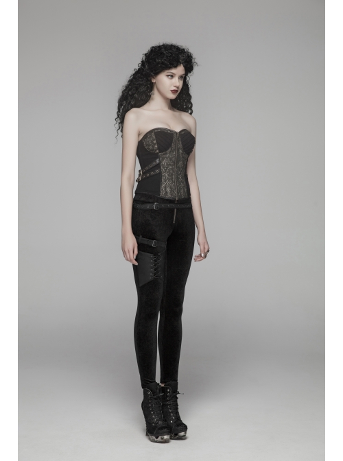 Dark Flower Velvet Lace-Up Metal Buckle Leg Loop Waist Belt Black Punk Leggings