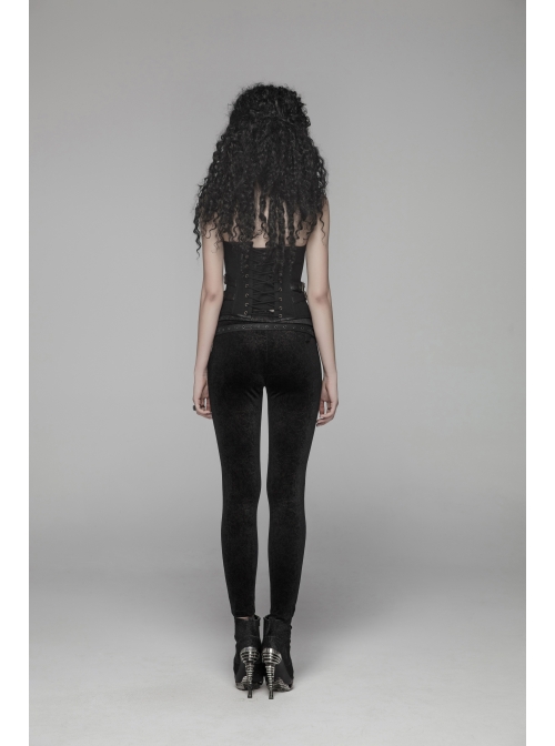 Dark Flower Velvet Lace-Up Metal Buckle Leg Loop Waist Belt Black Punk Leggings