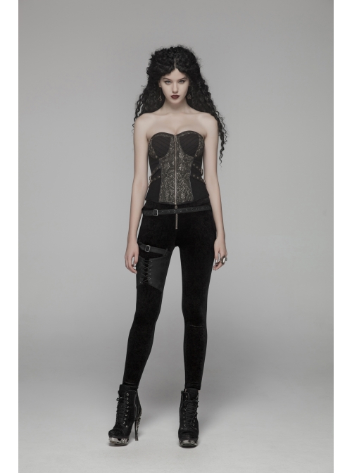 Dark Flower Velvet Lace-Up Metal Buckle Leg Loop Waist Belt Black Punk Leggings