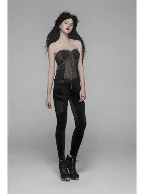 Dark Flower Velvet Lace-Up Metal Buckle Leg Loop Waist Belt Black Punk Leggings