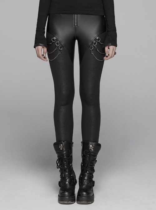 Crack Velvet Splice Knit PU Leather Metal Buckle Connect Chain Black Punk Leggings