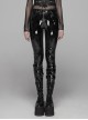 Velvet Patent PU Leather Splice Weft Velvet Placket Zipper Metal Buckle Loop Black Punk Leggings