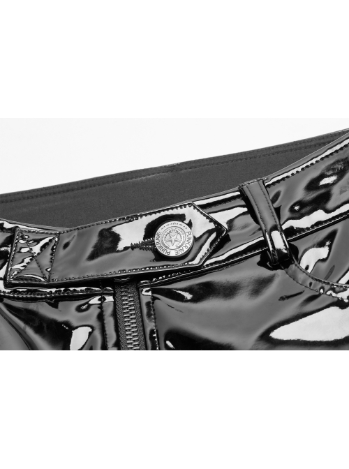 Velvet Patent PU Leather Splice Weft Velvet Placket Zipper Metal Buckle Loop Black Punk Leggings