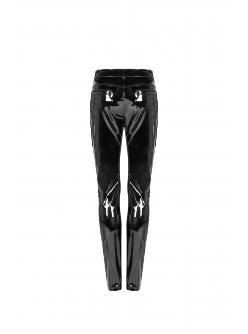 Velvet Patent PU Leather Splice Weft Velvet Placket Zipper Metal Buckle Loop Black Punk Leggings