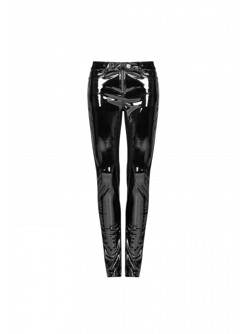 Velvet Patent PU Leather Splice Weft Velvet Placket Zipper Metal Buckle Loop Black Punk Leggings
