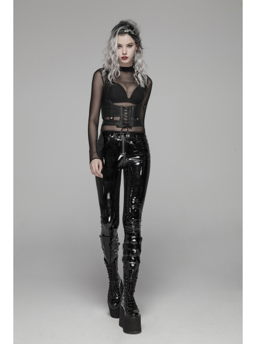 Velvet Patent PU Leather Splice Weft Velvet Placket Zipper Metal Buckle Loop Black Punk Leggings