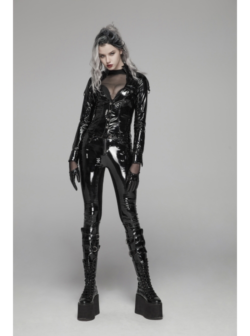 Velvet Patent PU Leather Splice Weft Velvet Placket Zipper Metal Buckle Loop Black Punk Leggings