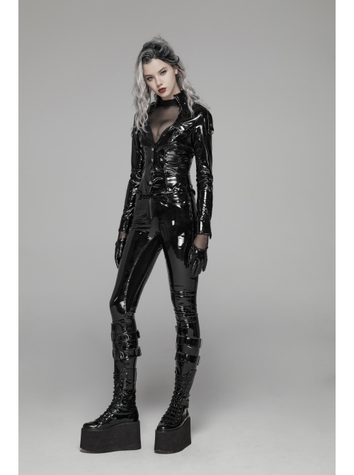 Velvet Patent PU Leather Splice Weft Velvet Placket Zipper Metal Buckle Loop Black Punk Leggings