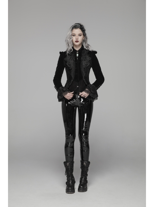 Velvet Patent PU Leather Splice Weft Velvet Placket Zipper Metal Buckle Loop Black Punk Leggings