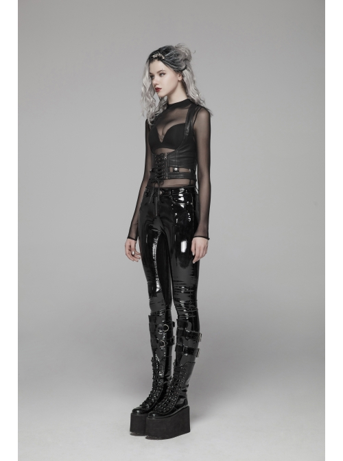 Velvet Patent PU Leather Splice Weft Velvet Placket Zipper Metal Buckle Loop Black Punk Leggings