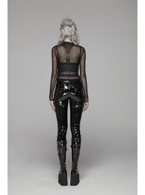 Velvet Patent PU Leather Splice Weft Velvet Placket Zipper Metal Buckle Loop Black Punk Leggings