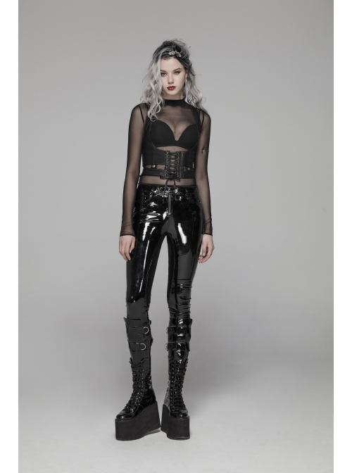 Velvet Patent PU Leather Splice Weft Velvet Placket Zipper Metal Buckle Loop Black Punk Leggings