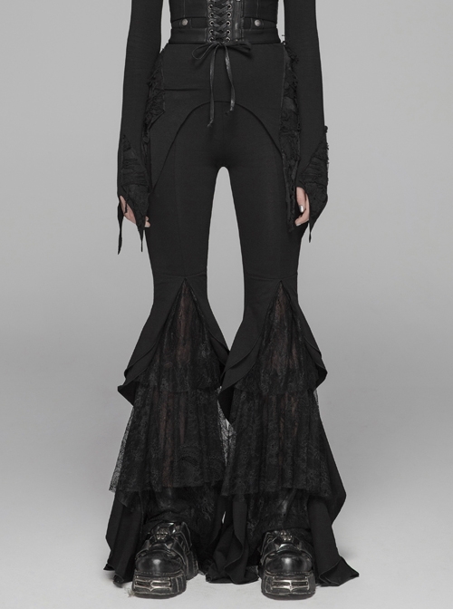 Black Knit Lace-Up Splice Frill Lace Gothic Horn Leggings