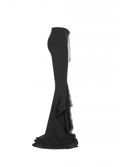 Black Knit Lace-Up Splice Frill Lace Gothic Horn Leggings