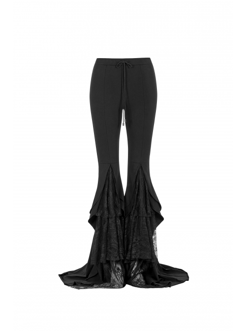 Black Knit Lace-Up Splice Frill Lace Gothic Horn Leggings