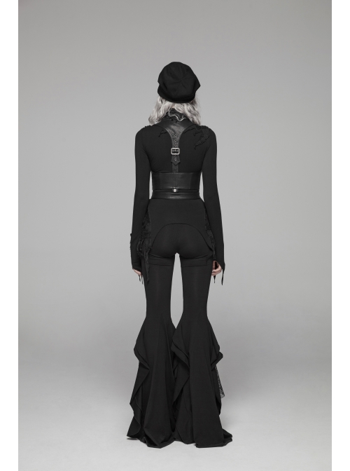 Black Knit Lace-Up Splice Frill Lace Gothic Horn Leggings
