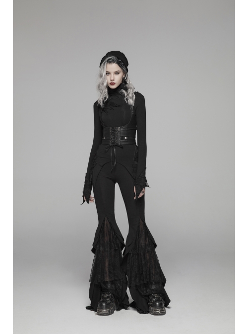 Black Knit Lace-Up Splice Frill Lace Gothic Horn Leggings
