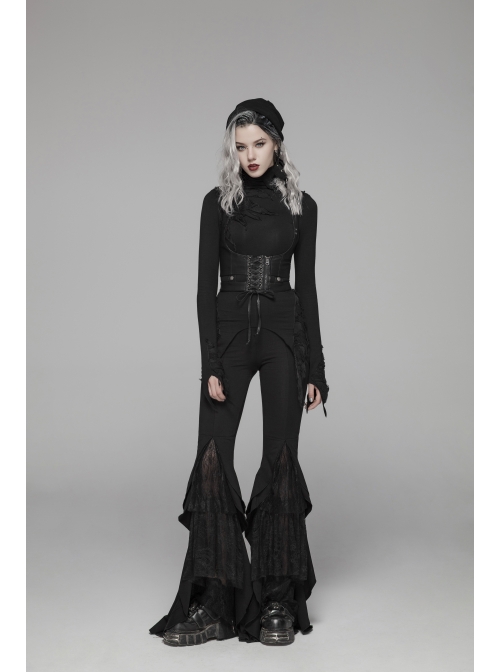 Black Knit Lace-Up Splice Frill Lace Gothic Horn Leggings