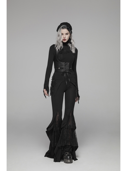 Black Knit Lace-Up Splice Frill Lace Gothic Horn Leggings