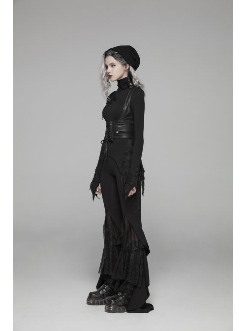 Black Knit Lace-Up Splice Frill Lace Gothic Horn Leggings