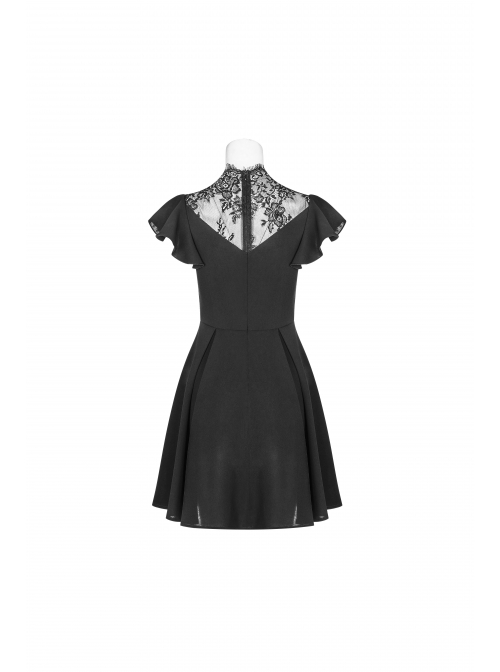 Gothic Female Lace Stitching V-neck High Waist Chiffon Dress