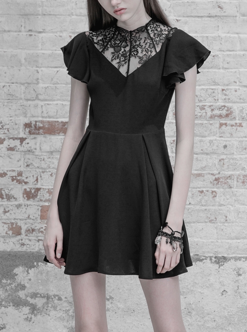 Gothic Female Lace Stitching V-neck High Waist Chiffon Dress