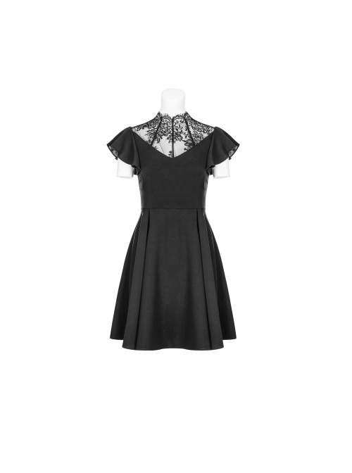 Gothic Female Lace Stitching V-neck High Waist Chiffon Dress
