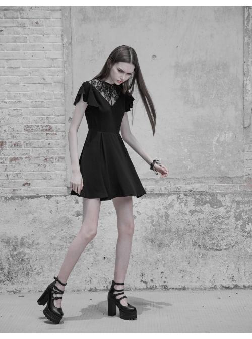 Gothic Female Lace Stitching V-neck High Waist Chiffon Dress