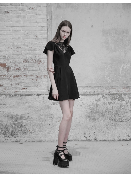 Gothic Female Lace Stitching V-neck High Waist Chiffon Dress