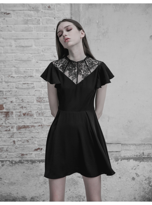 Gothic Female Lace Stitching V-neck High Waist Chiffon Dress
