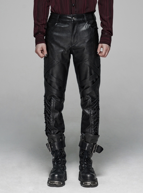 Dark Grain PU Leather Skull Buckle Side Lace-Up Black Punk Pants