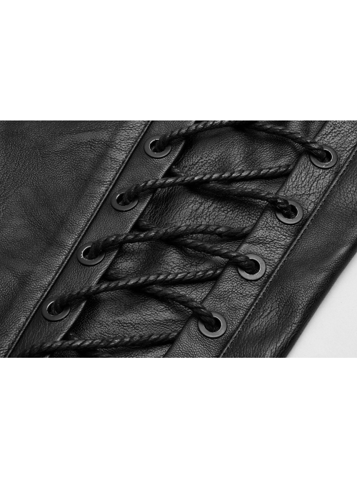 Dark Grain PU Leather Skull Buckle Side Lace-Up Black Punk Pants