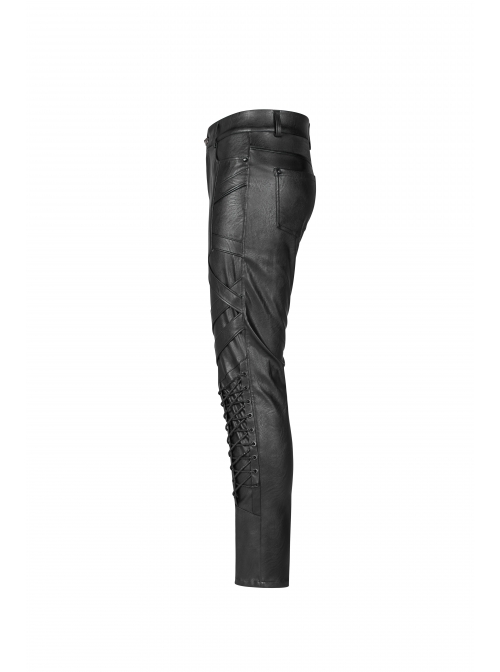 Dark Grain PU Leather Skull Buckle Side Lace-Up Black Punk Pants