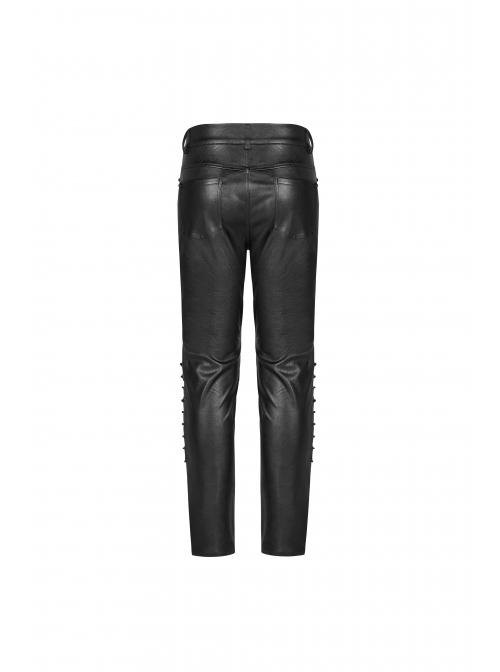 Dark Grain PU Leather Skull Buckle Side Lace-Up Black Punk Pants