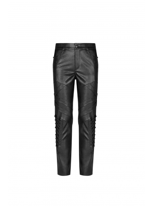Dark Grain PU Leather Skull Buckle Side Lace-Up Black Punk Pants