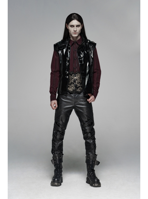 Dark Grain PU Leather Skull Buckle Side Lace-Up Black Punk Pants