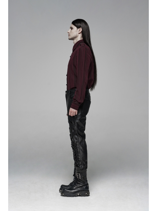 Dark Grain PU Leather Skull Buckle Side Lace-Up Black Punk Pants